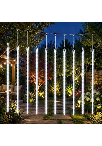 Vıp Yüksek Kalite Akan Işık Beyaz Yağmur Damlası Led Işık 10 Dal 45 Cm Çubuklar 360 Ledli 4.60 Metre