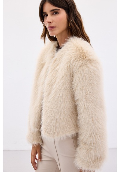 Sateen Yakasız Kürk - Bej-135665 Bej