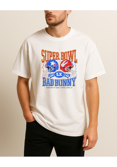 Super Bowl Baskılı Bad Bunny T-shirt Beyaz