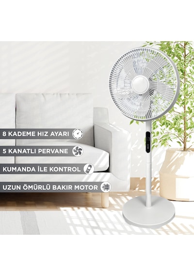 Ayaklı Vantilatör Kumandalı 16 İnç 90 Derece Salınımlı 8 Kademe Hız Ayarlı
