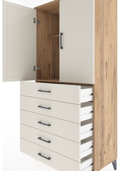 Hyperion Dolap Tek Raflı 5 Çekmeceli Tek Askılı 88x44x182 Çam... Çam
