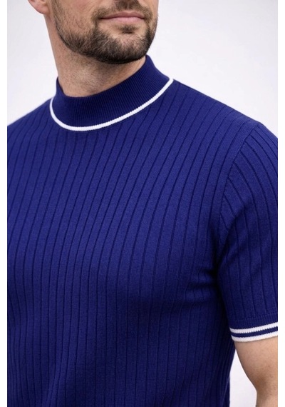 Erkek Fitilli Triko Dokuma Kısa Kol Tişört Yarım Boğaz Modern Yazlık T-shirt - Lacivert