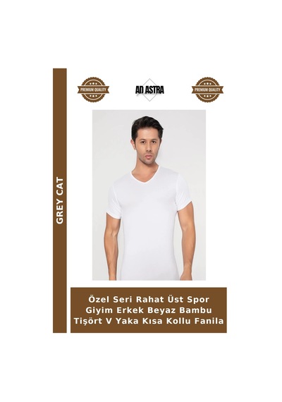 Grey Cat Özel Seri Rahat Üst Spor Giyim Erkek Beyaz Bambu Tişört V Yaka Kısa Kollu Fanila