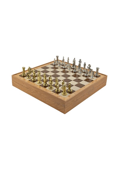 Gifthome Orta Boy Metal İngiliz Satranç Takımı Parlak Ve Rustik Desenli Sandıklı Mdf Tahtası 36x36x6 Cm.