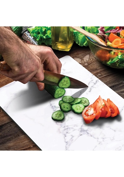 2'li Cam Kesme Tahtası Ve Sunumluk Beyaz Mermer Desenli 20 X 30 Cm Ve 25 X 35 Cm Çok Renkli