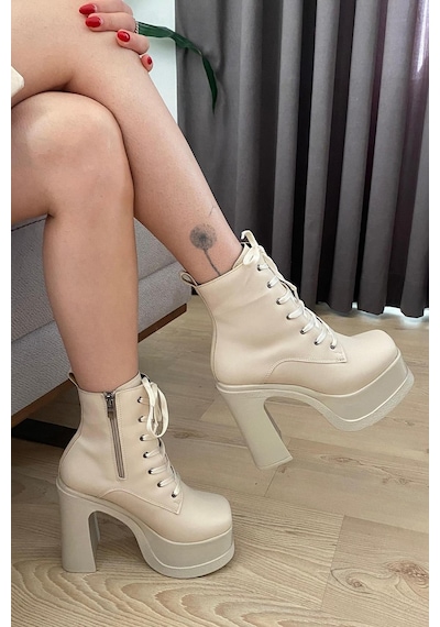 Preshley Kadın Simya Krem Bağcıklı Detaylı 12 Cm Platform Topuklu Fermuarlı Bot Krem