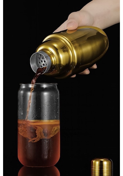 Ahşap Standlı 12 Parça Çelik 750 Ml Shaker Bar Tokmağı Jigger Seti Barmen Seti Altın