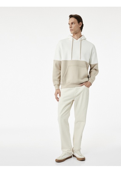 Koton Kapşonlu Renk Bloklu Pamuklu Şardonlu Oversize Kanguru Cepli Hoodie Bej 6wam70033mk Ekru