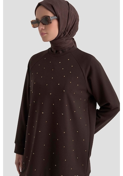 Armine Trend Önü Taş İşlemeli Tunik Kahverengi 25kt449