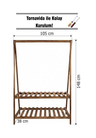 Konfeksiyon Elbise Askılık İki Raflı 148 105 Cm Kahverengi