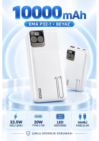 Eima P32-1 10000 Mah 22.5w Hızlı Şarjlı Powerbank, 20w Pd, Dahili Type-c Ve Lightning Kablolu, Led G Çok Renkli