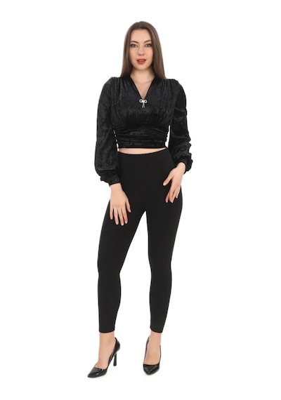 Lodmela Broş Detaylı Kadife Crop 6007-siyah Siyah