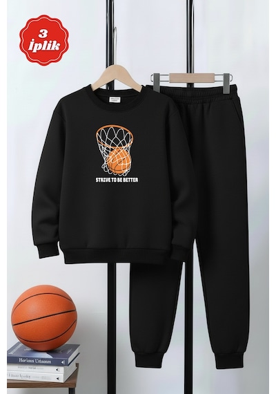 Fyk Kids 3 İplik Kalın Yuvarlak Yaka Basketbol Potası Baskı Detaylı Kışlık Erkek Çocuk Eşofman Takımı Siyah