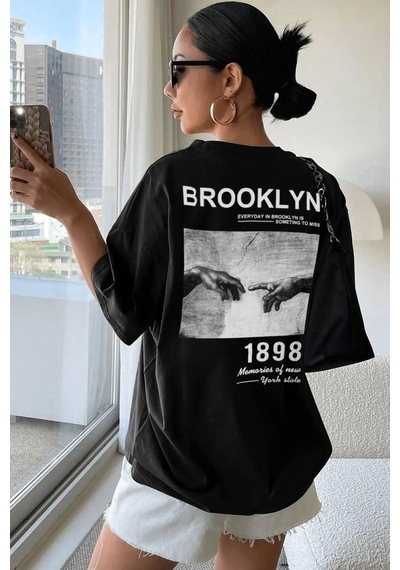 Unisex 1898 Brooklyn Baskılı T-shirt Siyah