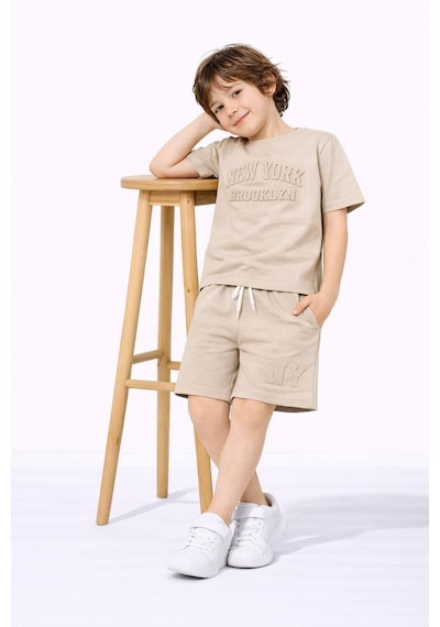 Miniko Kids Erkek Çocuk Kabartma Modelli Pamuk Şortlu Takım Ekru