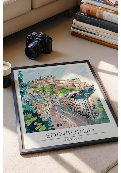 İskoçya Edinburgh Temalı Çerçeveli Tablo Travel Serisi Modern İllüstrasyon Şehir Duvar Dekoru Siyah