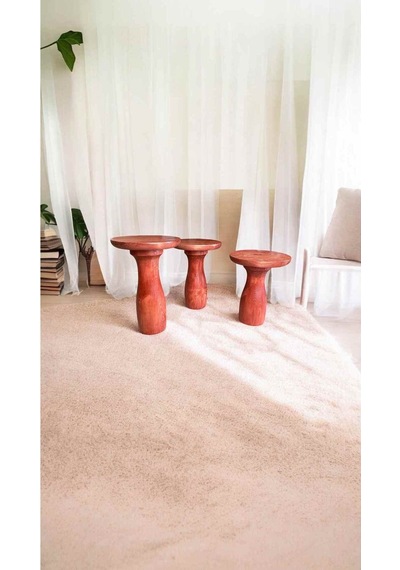 Ahşap Mantar Sehpa 3lü Set Maun Renk Yan Sehpa Takımı - Wooden Side Table Maun