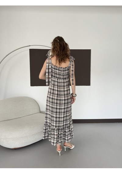 Verymoda Kadın Ekose Desenli Askı Bağlama Detaylı Maxi Elbise Siyah