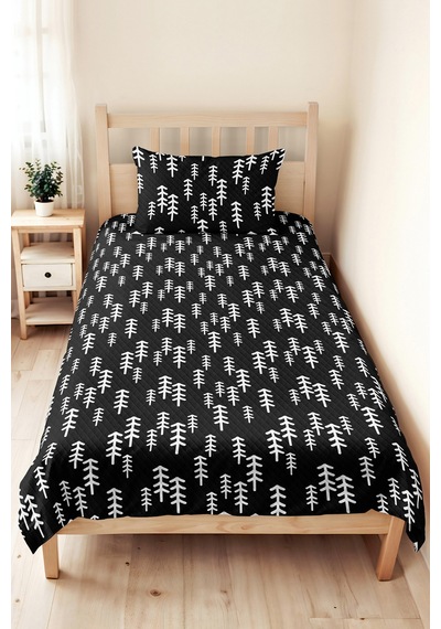 Siyah Geometrik Genç Odası Tek Kişilik Pike Takımı - Modern Minimal 160x220 Cm Kapitone Yatak Örtüsü Hafif Halı Sarmalı