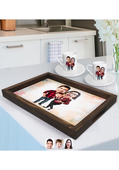 Kişiye Özel Aile Karikatürlü Doğal Ahşap Tepsi Ve 2 Li Kahve Fincan Seti-2