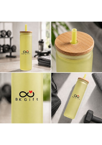Logonuza Özel 10 Adet Plastik Pipetli Bambu Kapaklı 500 Ml Cam Suluk - Sarı