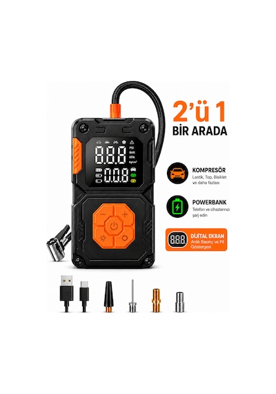 5000 Mah Taşınabilir Hava Pompası Kompresör 2 Ü 1 Arada Powerbank Dijital Ekran 150 Psı Araç Lastik Şişirme Cihazı