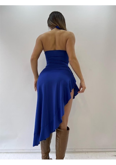 Pink Life Saks Mavi Backless Halter Ruffles Gül Detaylı Midi Elbise-saks Mavi