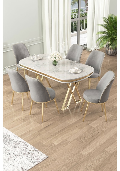 Canisa Lai Serisi 90x168 Lak Panel Beyaz Mermer Desen Gold Ayak Masa Takımı 6 Gri Sandalye Beyaz Mermer Desen Masa Gri Sandalye Canisa Lai Serisi 90x168 Lak Panel Beyaz Mermer Desen Gold Ayak Masa Takımı 6 Gri Sandalye Beyaz Mermer Desen Masa Gri Sandalye