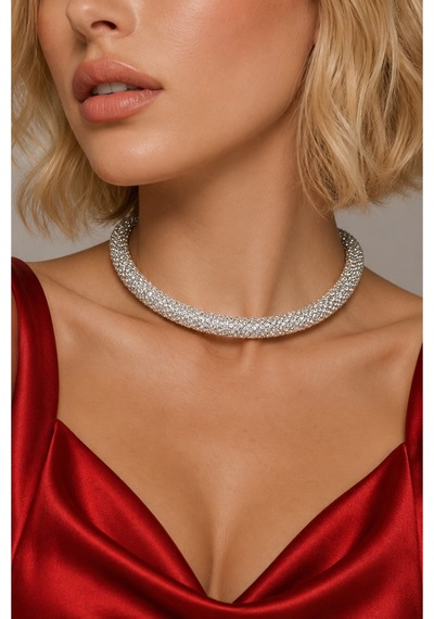 Zirkon Taşlı Işıltılı Choker Kolye Kristal Taşlı Şık Boyunluk Kadın Kolyesi Gümüş - 900687944 Gümüş