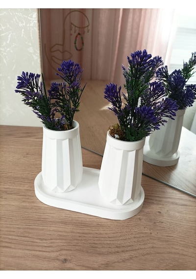 Mini Düz Desenli Beton Saksı İkili Ve Oval Tabak-yapay Çiçek Hediyeli - Mor Tomurcuk