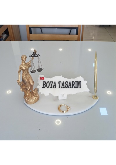 Doğal Beyaz Mermer İsimlik Sümen Takımı Kalem Ve Terazi Metal Ay Yıldızlı