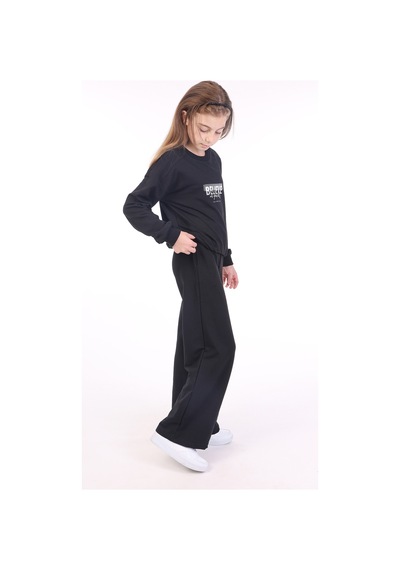 Toontoy Kids Toontoy Kız Çocuk 2'li Takım Baskılı Bisiklet Yaka Sweatshirt & Beli Lastikli Bol Paça Eşofman Altı - 2 İplik Siyah