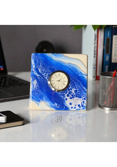 15x15 Cm El Yapımı Geode Masa Saati Gümüş Quartz Masaüstü Saat 5 Cm Kalınlık Beyaz - Mavi