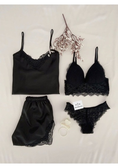 Mh Moony Homewears 4'lü Saten Virgina Çeyiz Seti Siyah