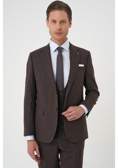 Efor Slim Fit Çift Yırtmaç Keten Karışımlı Yelekli Klasik Kahve Takım Elbise Tk 914 Kahverengi Efor Slim Fit Çift Yırtmaç Keten Karışımlı Yelekli Klasik Kahve Takım Elbise Tk 914 Kahverengi