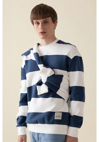 Defacto Boxy Fit Bisiklet Yaka Çizgili Sweatshirt A9066AX24AUBE88 Mavi
