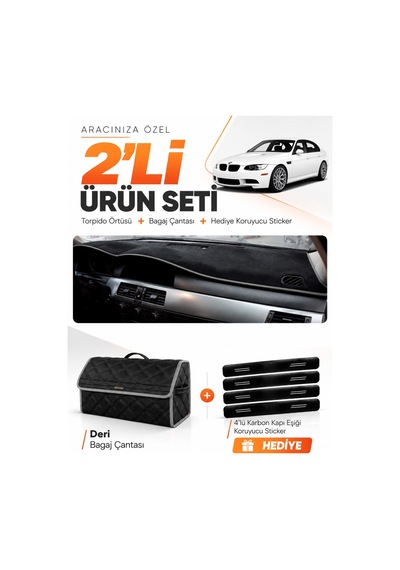 Bmw E90 2005-2013 Uyumlu Torpido Örtüsü + Deri Bagaj Çantası + Sticker Seti - Siyah Gri