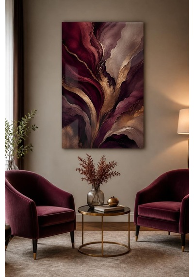 Soyut Bordo Altın Desenli Baskılı Cam Tablo Modern Dekoratif Duvar Tablosu