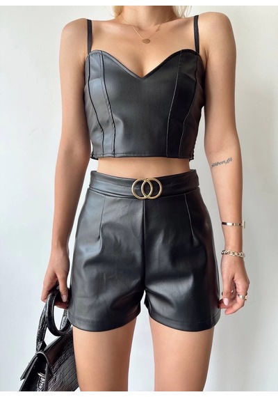 Defymoda Tokalı Deri Şort Siyah S24444 Siyah