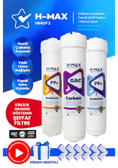 H-max Inline Kapalı Kasa Su Arıtma Cihazı Ilk 3 Filtre Seti 020