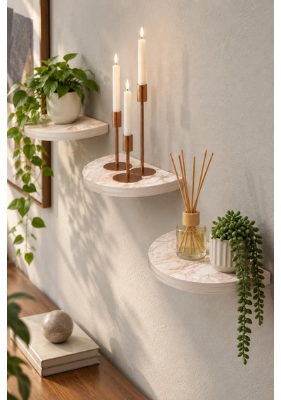 Sulorahome 3'lü Oval Duvar Rafı Mermer Desenli Beyaz Beyaz Mermer