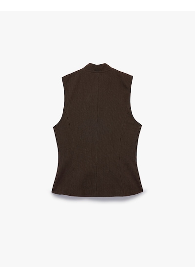 Koton Koton X Selected By Melis Ağazat - Slim Fit Mandarin Yaka Süslü Düğmeli Yelek Kurbağa Kapama Kahverengi Çizgili 7wak20358ew