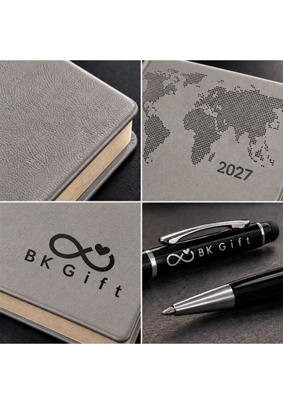 Logonuza Özel 25 Adet 378 Termo Deri 2027 Ajanda & Siyah Touch Pen Kalem Seti Gri