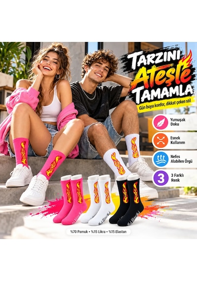Womanandkids Wak Unisex Alev Desenli Çorap 3'lü Set Pamuklu Uzun Soket Dikişsiz Nefes Alan Günlük Spor Çorabı Yum Çok  Renkli
