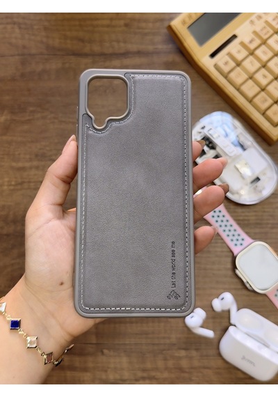 Samsung Galaxy A12 Uyumlu Premium Deri Dokulu Darbelere Karşı Dayanıklı Nazal Silikon Kılıf Gri