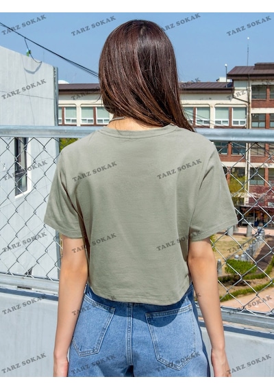 Flood Of Style Crop Ckod-232913 Dazy Sloganlı Yuvarlak Yaka Nane Yeşili