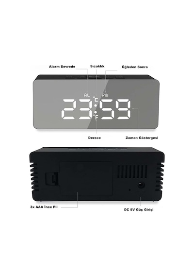 Akıllı Aynalı Dijital Saat Led Göstergeli, Alarm & Termometre, Usb/pil