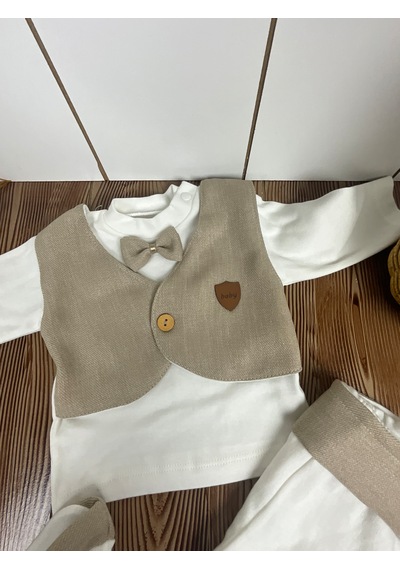 Zıpır Bebe Papyonlu Bebek Takım Açık Kahverengi