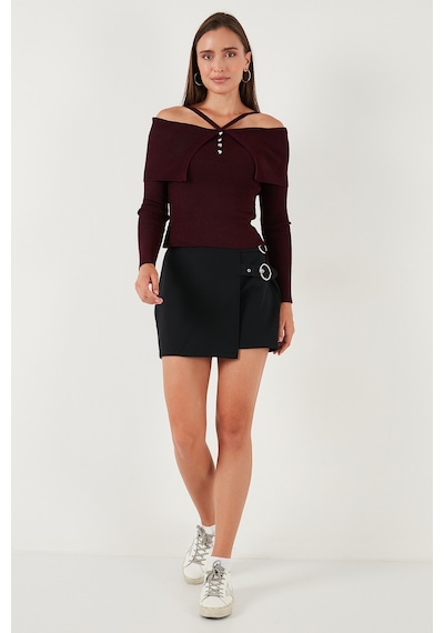 Lela Premium Fitted Fit Carmen Yaka Ip Askı Detaylı Triko Bayan Kazak 680Kz00076 Bordo