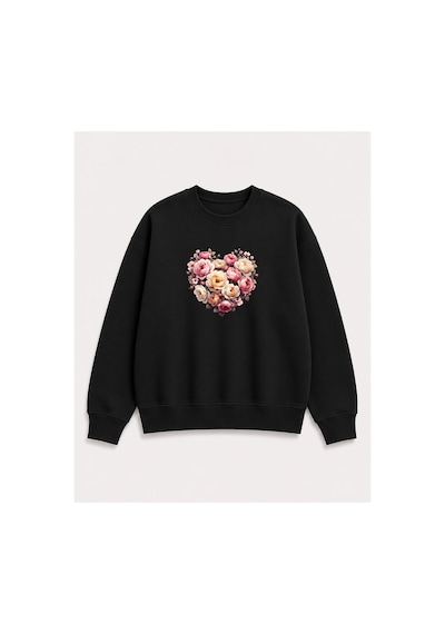 Herkesemoda Kalp Ve Güller Baskı Detaylı Bisiklet Yaka Şardonlu 2 İplik Sweatshirt Siyah